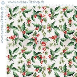 Free Spirit Christmastime White Holly Stechpalmenblätter grün rot auf weiss