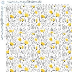 Northcott Sew Sweet Yellow Flowers on White
